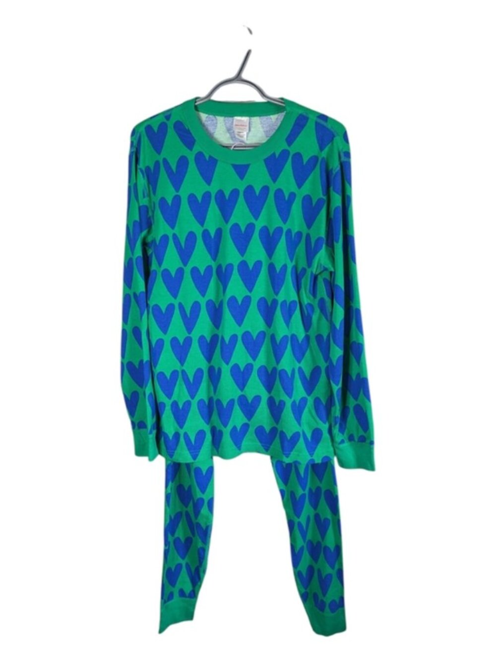 Hanna‎ Andersson Family Valentines PJ Set Green w/Blue Hearts Size Large